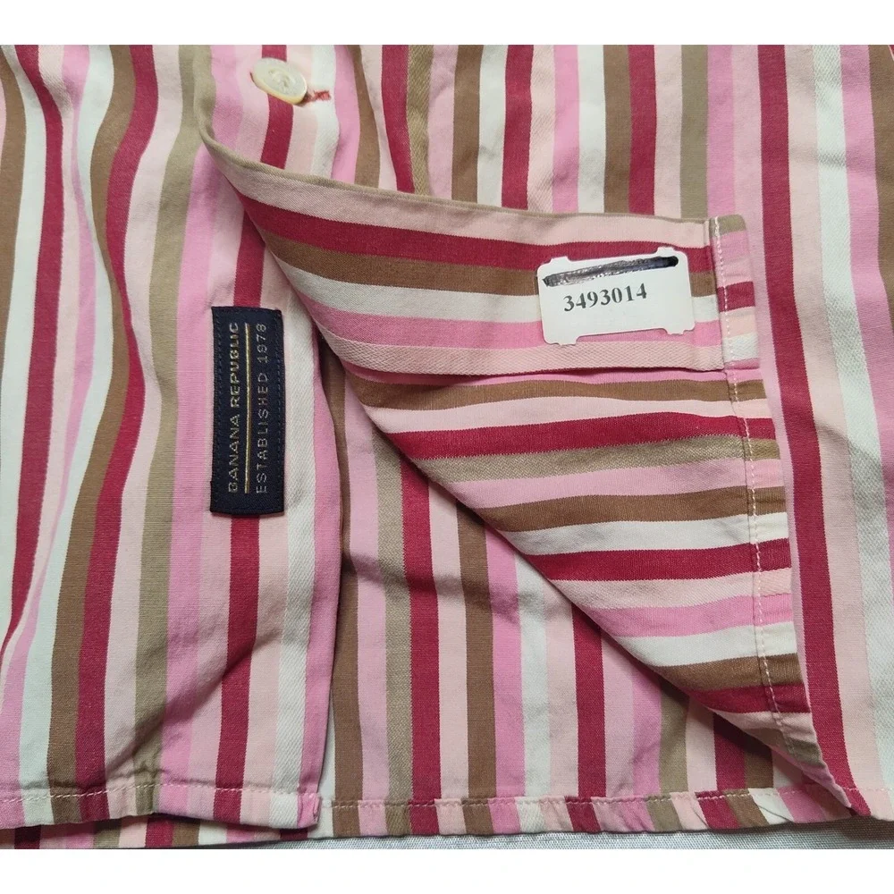 BANANA REPUBLIC Men Large Pink Striped‎ Cotton Flip Cuff Button Shirt